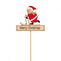 Weihnachtskerzenhalter aus Holz: Schneemann auf Skiern, 17 cm