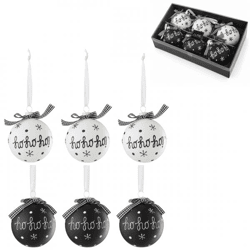 J-Line Glas-Weihnachtskugeln „Ho Ho“, schwarz/weiß, 8 cm, 6er-Set