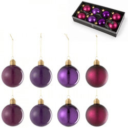 J-Line kerstballen glas paars 8 cm set van 8