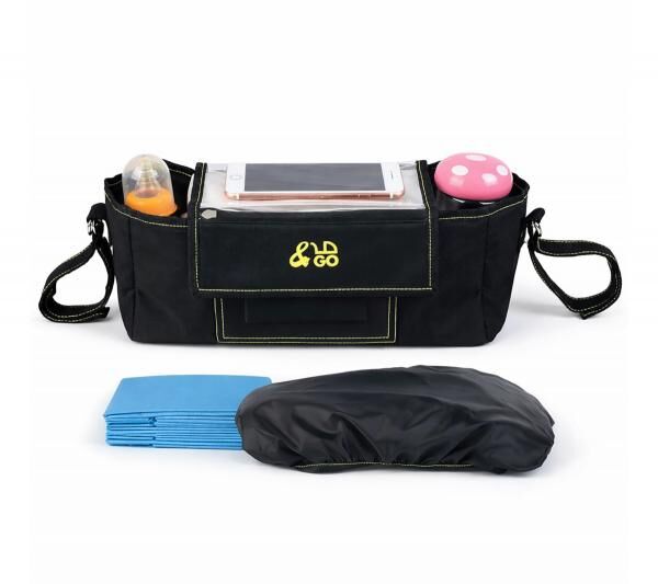 &GO Kinderwagen Organizer inkl. 5 Wickelunterlagen Universal Buggy Tasche mit transparentem Smartphone-Fach Regenschutz Getränkehalter & v