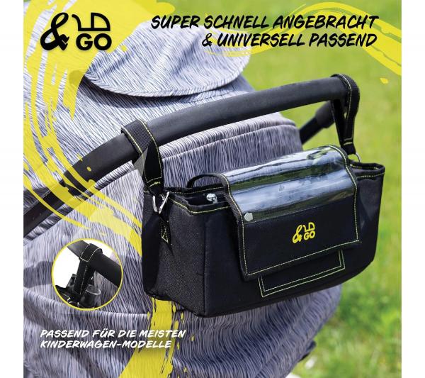 &GO Kinderwagen Organizer inkl. 5 Wickelunterlagen Universal Buggy Tasche mit transparentem Smartphone-Fach Regenschutz Getränkehalter & v