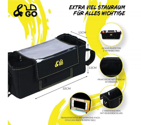 &GO Kinderwagen Organizer inkl. 5 Wickelunterlagen Universal Buggy Tasche mit transparentem Smartphone-Fach Regenschutz Getränkehalter & v