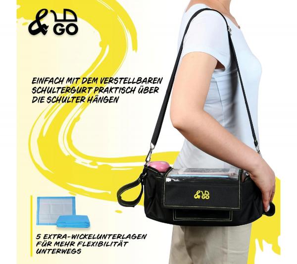 &GO Kinderwagen Organizer inkl. 5 Wickelunterlagen Universal Buggy Tasche mit transparentem Smartphone-Fach Regenschutz Getränkehalter & v