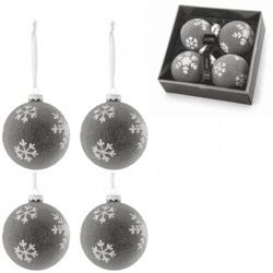 J-Line Glas-Weihnachtskugeln „Schneeflocke“, grau, 10 cm, 4er-Set