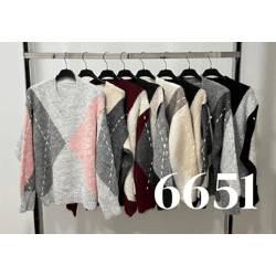 6651-Jm – Damen-V-Ausschnitt-Pullover mit Rautenmuster