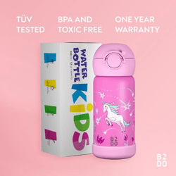 B2DO Double-Walled 316 Stainless Steel Thermos Bottle for Kids, Pink Unicorn, 350 ml | Leak-Proof, Insulated Kids' Water Bottle for School