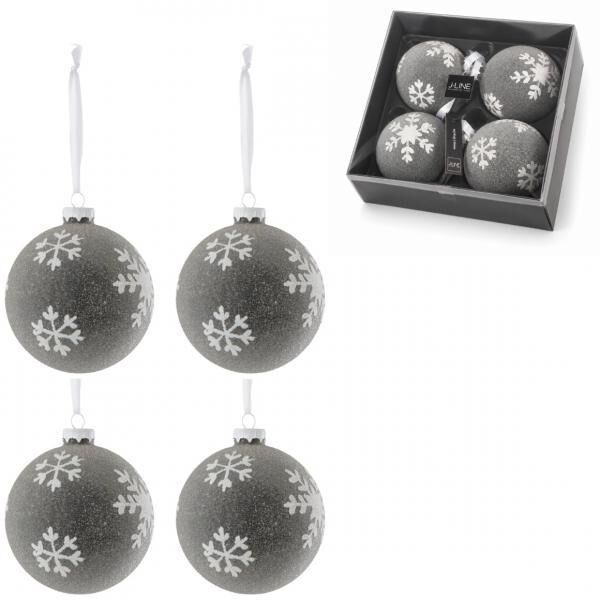 J-Line Glas-Weihnachtskugeln „Schneeflocke“, grau, 10 cm, 4er-Set