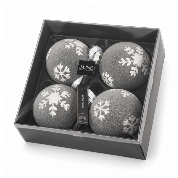 J-Line Glas-Weihnachtskugeln „Schneeflocke“, grau, 10 cm, 4er-Set
