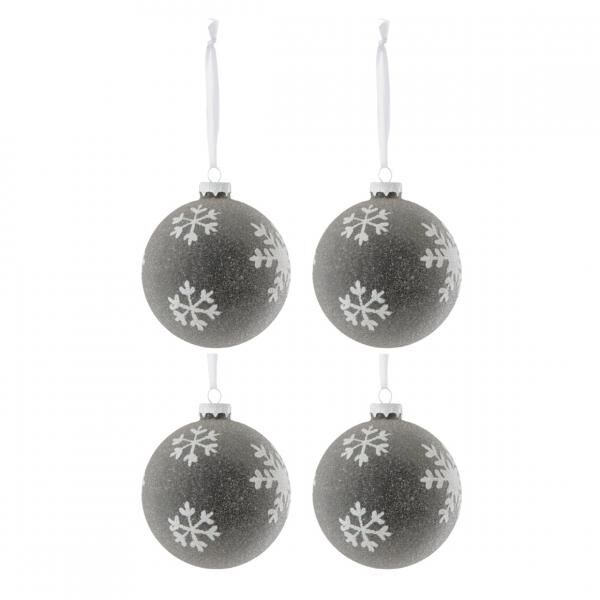 J-Line Glas-Weihnachtskugeln „Schneeflocke“, grau, 10 cm, 4er-Set