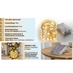 Funkelnde STERN FABRIK Mikro Lichterkette für den Innenbereich mit Timerfunktion 10 Meter 100 LEDs warmweiße Mikro-LED-Lämpchen LED-Drah
