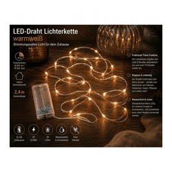 Funkelnede LICHTMOMENTE LED-Draht Lichterkette mit Timerfunktion 2,4 Meter 20 LEDs warmweiße Mikro-LED-Lämpchen 9843441 Silber