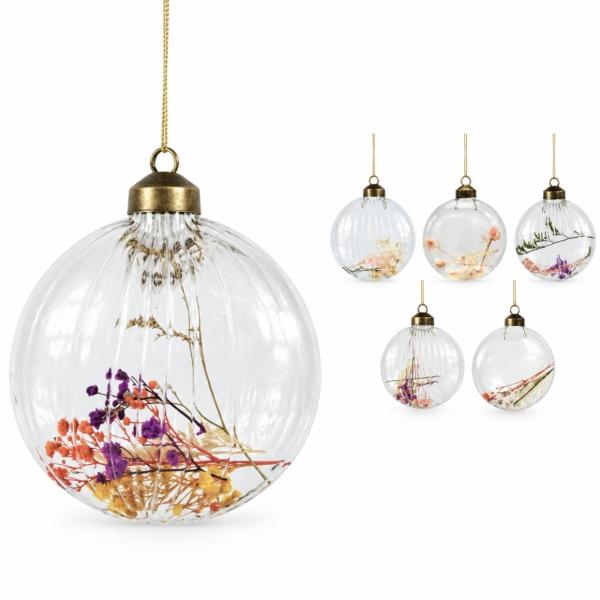 Weihnachtskugel mit Trockenblumen, Glas, 13 cm, 8er-Set, sortiert