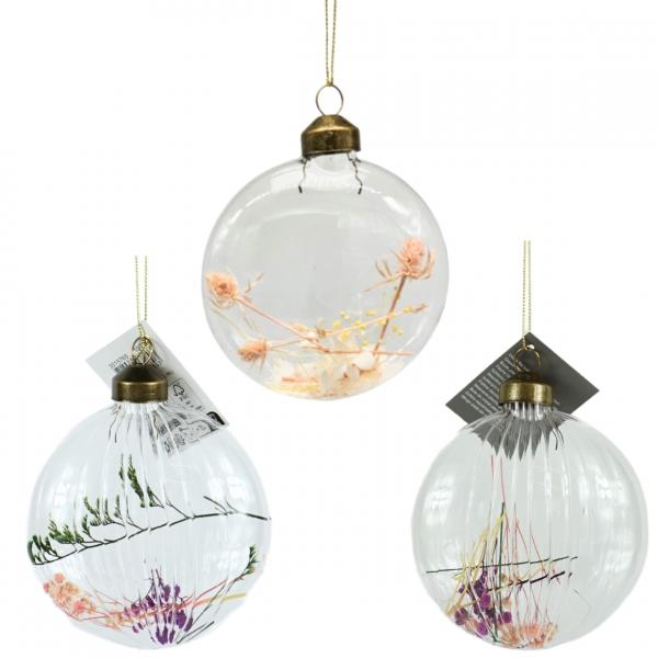 Weihnachtskugel mit Trockenblumen, Glas, 13 cm, 8er-Set, sortiert