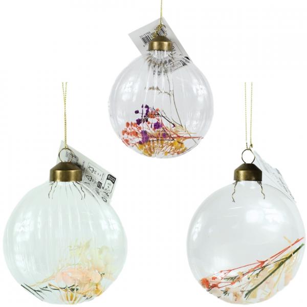 Weihnachtskugel mit Trockenblumen, Glas, 13 cm, 8er-Set, sortiert