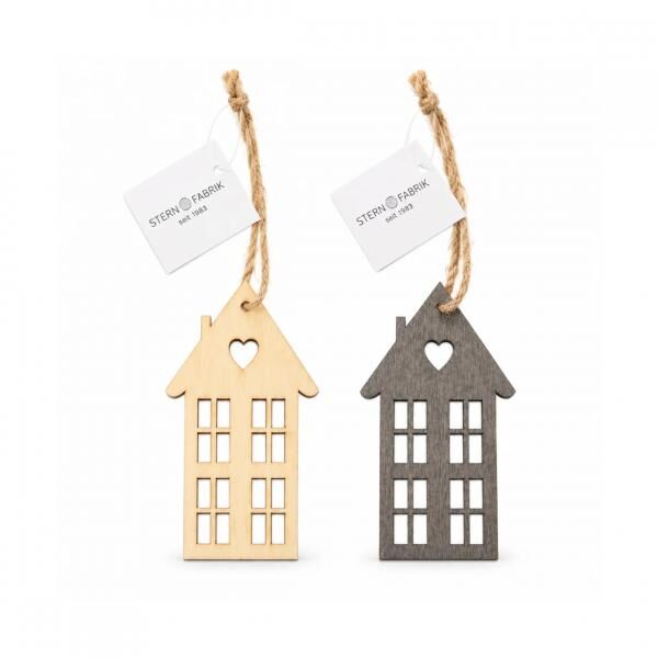 Stern Fabrik Anhänger „Haus“ aus Holz, 7,5 cm, 2 Stück, sortiert