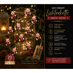 Stimmungsvolles LICHTMOMENTE LED-Draht mit Weihnachtsmann-Socke-Motiv Lichterkette mit Timerfunktion 2,2 Meter 20 LEDs warmweiße Mikro-LED