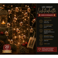 Wasserdichte LICHTMOMENTE LED-Draht mit Lebkuchenmann-Motiv Lichterkette mit Timerfunktion 2,2 Meter 20 LEDs warmweiße Mikro-LED-Lämpchen