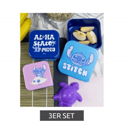 3er Set Stitch Brotdose mit Sitch-Motiv Lunchbox Aufbewahrungsdosen in den Größen S 300 ml, M 500 ml, L 800 Blau/Rosa
