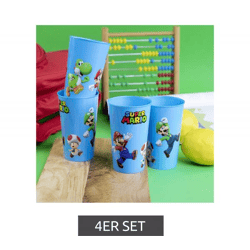 4er Set SUPER MARIO Trinkbecher in 350ml mit detailreichem SUPER MARIO Motiv Mehrwegbecher Kunststoff-Becher Blau