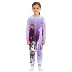 Disney FROZEN Kinder-Jumpsuit mit Anna, Elsa, Olaf und Sven Motiv Overall-Anzug mit Teddy-Fell Lila