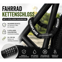 Fahrrad-Kettenschloss mit 5-stelligem Zahlencode ca. 120 cm Robustes Zahlenschloss für Fahrrad, E-Bike & E-Scooter A0008352 Schwarz