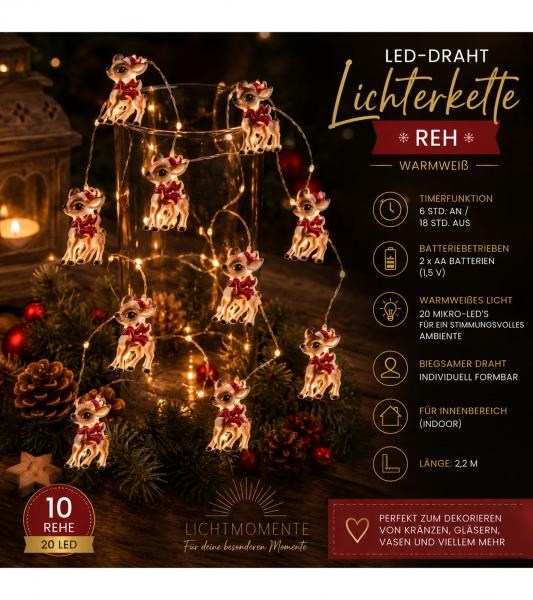 Funkelndes LICHTMOMENTE LED-Draht mit Reh-Motiv Lichterkette mit Timerfunktion 2,2 Meter 20 LEDs warmweiße Mikro-LED-Lämpchen 9843451 Sil