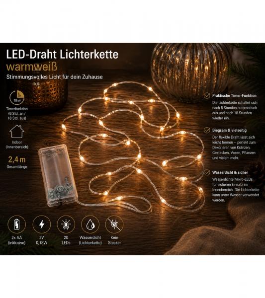 Funkelnede LICHTMOMENTE LED-Draht Lichterkette mit Timerfunktion 2,4 Meter 20 LEDs warmwei&szlig;e Mikro-LED-L&auml;mpchen 9843441 Silber