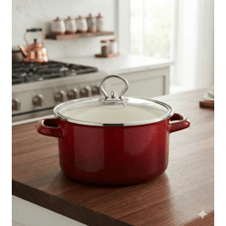 KRÜGER Emaille Kochtopf mit Glasdeckel 16 cm 1,8 Liter emaillierter Fleisch-Topf für alle Herdarten inkl. Induktion Bordeaux