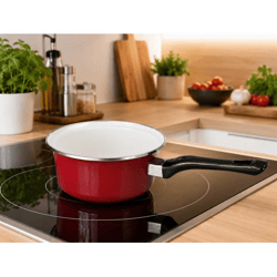 KRÜGER Emaille Stieltopf 16 cm 1,25 Liter Robuste, emaillierte Stielkasserolle mit kratzfester Innenglasur für alle Herdarten inkl. Induk