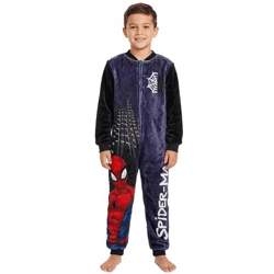 Marvel Spider-Man Kinder-Jumpsuit mit großem Spider-Man-Motiv Overall-Anzug mit Teddy-Fell Schwarz/Navy
