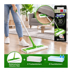 Praktischer Swiffer Bodenwischer inklusive Stiel, 4 Trockentüchern & 2 Feuchttüchern – 3D-Fasern – B-Ware – geprüft – Grün