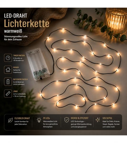 Stimmungsvolle LICHTMOMENTE LED-Draht Lichterkette mit Timerfunktion 2,4 Meter 20 LEDs warmwei&szlig;e Mikro-LED-L&auml;mpchen 9844845 Gr&uuml;n