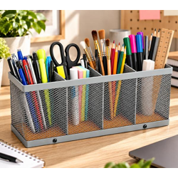 Utensilienständer mit 4 Fächern aus Metall und Bambus ca. 25,5 × 12,5 × 6,5 cm **B-Ware – geprüft** Grau