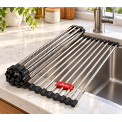 Vileda Rollbares Abtropfgitter für die Spüle – 45 x 40 cm mit 24 Stangen – Platzsparende Abtropfmatte **B-Ware – geprüft** Silber