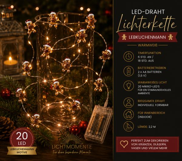 Wasserdichte LICHTMOMENTE LED-Draht mit Lebkuchenmann-Motiv Lichterkette mit Timerfunktion 2,2 Meter 20 LEDs warmweiße Mikro-LED-Lämpchen