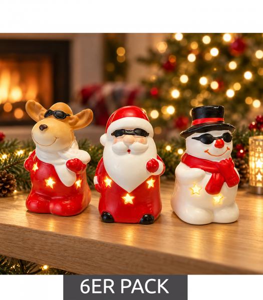 Weihnachtliche LED Figuren im 6er Pack - Weihnachtsmann, Rentier und Schneemann LED Figuren warm Weißes Licht, 3 verschiedene ca. 10 cm Mo