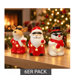 Weihnachtliche LED Figuren im 6er Pack - Weihnachtsmann, Rentier und Schneemann LED Figuren warm Weißes Licht, 3 verschiedene ca. 10 cm Mo