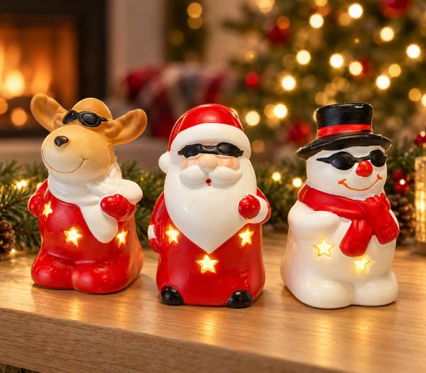 Weihnachtliche LED Figuren im 6er Pack - Weihnachtsmann, Rentier und Schneemann LED Figuren warm Weißes Licht, 3 verschiedene ca. 10 cm Mo