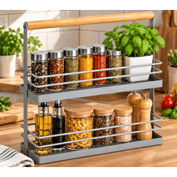 Zweistufiges Gewürzregal Metallregal mit Bambusgriff ca. 34 × 24,5 × 10,5 cm **B-Ware – geprüft** Grau
