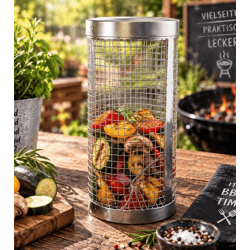 Zylindrischer Grillkorb aus Edelstahl mit einen Haken Grill-Zubehör 20 x 9 cm **B-Ware – geprüft & funktionell einwandfrei** Silber