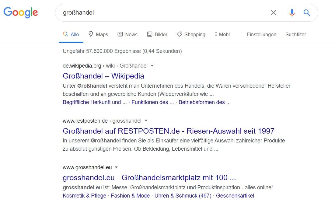 google suchergebnis grosshandel