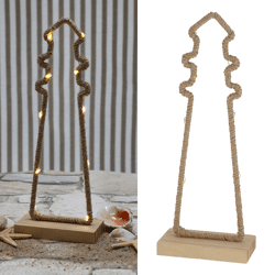 LED Jute Leuchtturm auf Holzsockel, S, ca.27cmH