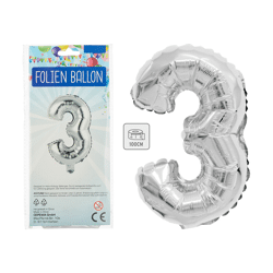 Folienballon, Zahl, 3, ca. 100cmH, silber