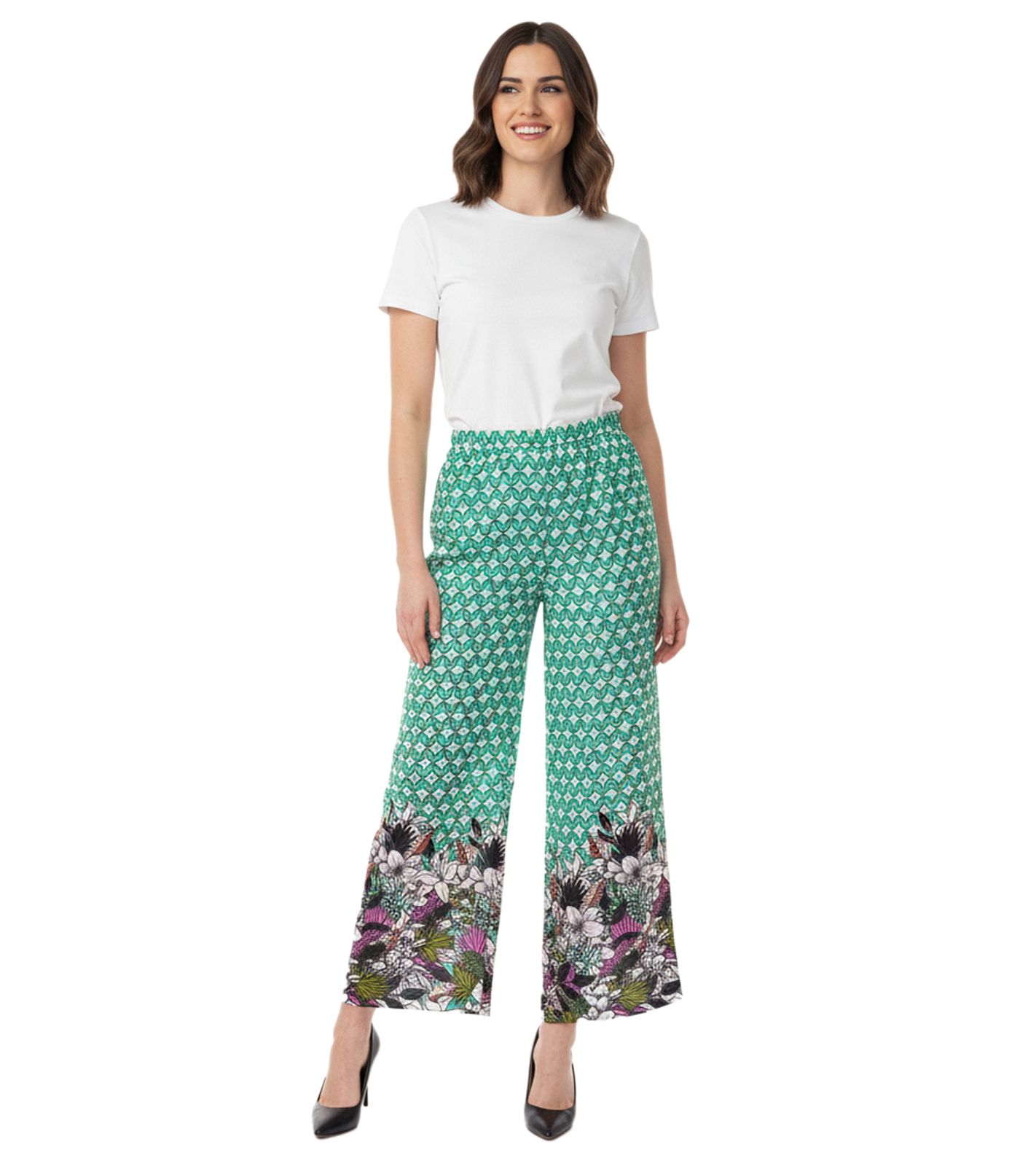 Aniston CASUAL Damen Schlupf-Hose bequeme Sommer-Hose mit Allover Blumen-Muster 76938501 Gr&uuml;n