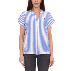 DELMAO Damen Sommer-Bluse gestreift Kurzarm-Bluse Sommer-Shirt 64287360 Blau/Weiß