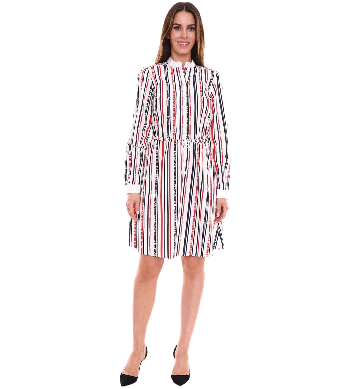 DELMAO Damen Baumwoll-Kleid Mini-Kleid gestreiftes Langarm-Kleid Blusen-Kleid 10440711 Wei&szlig;/Blau/Rot