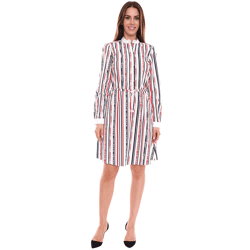DELMAO Damen Baumwoll-Kleid Mini-Kleid gestreiftes Langarm-Kleid Blusen-Kleid 10440711 Weiß/Blau/Rot