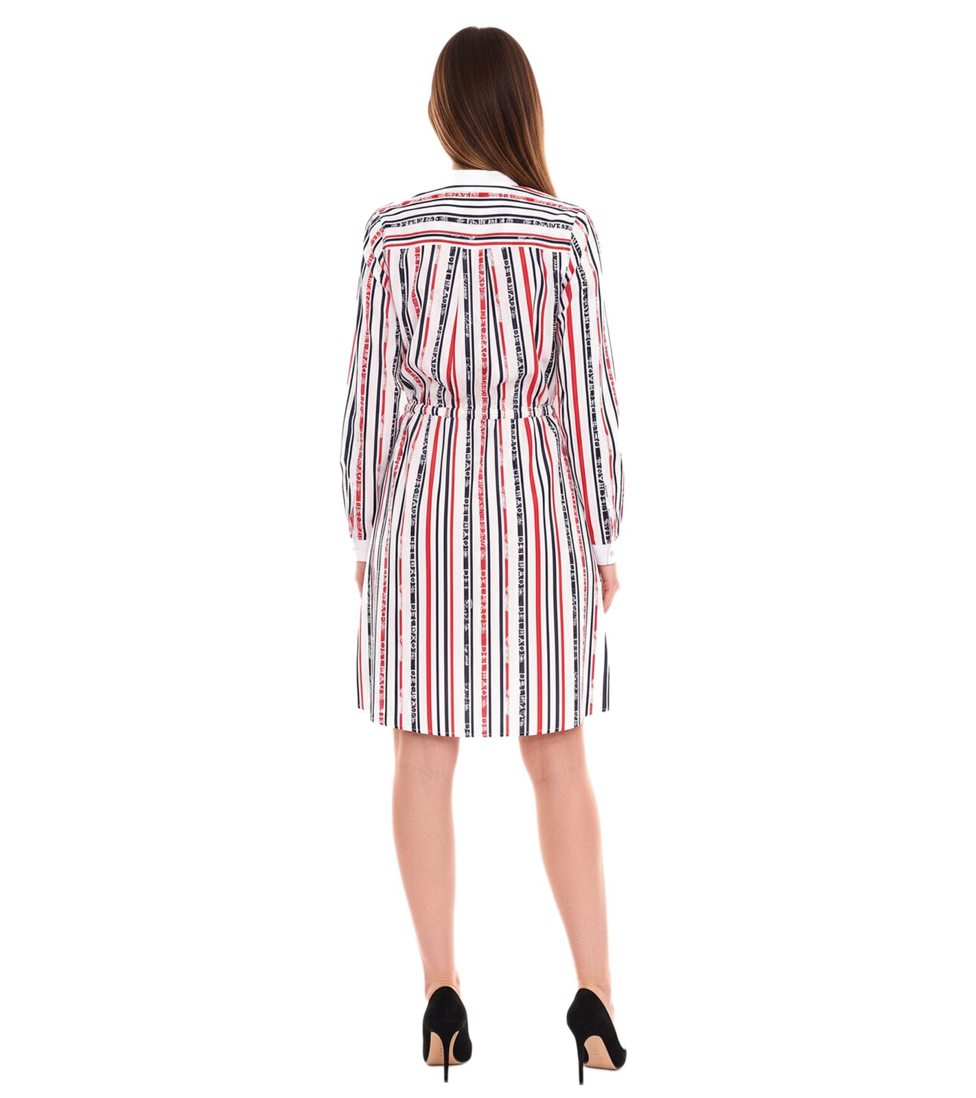 DELMAO Damen Baumwoll-Kleid Mini-Kleid gestreiftes Langarm-Kleid Blusen-Kleid 10440711 Wei&szlig;/Blau/Rot