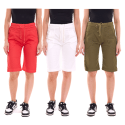 PLEASE Damen Stoff-Shorts kurze Hose mit Bindeband Bermuda Sommer-Hose Rot, Weiß oder Khaki