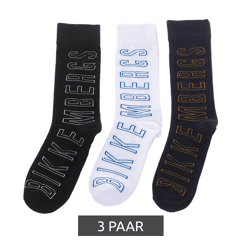 3 Paar BIKKEMBERGS Surtido Herren Tennis-Socken mit großem Schriftzug Baumwoll-Strümpfe BF_012 Weiß/Schwarz/Blau